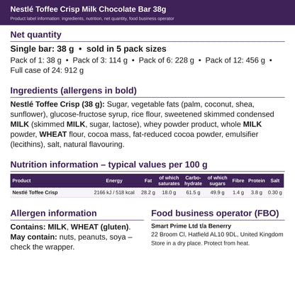 Nestlé Toffee Crisp 38g – ingredients and nutrition label