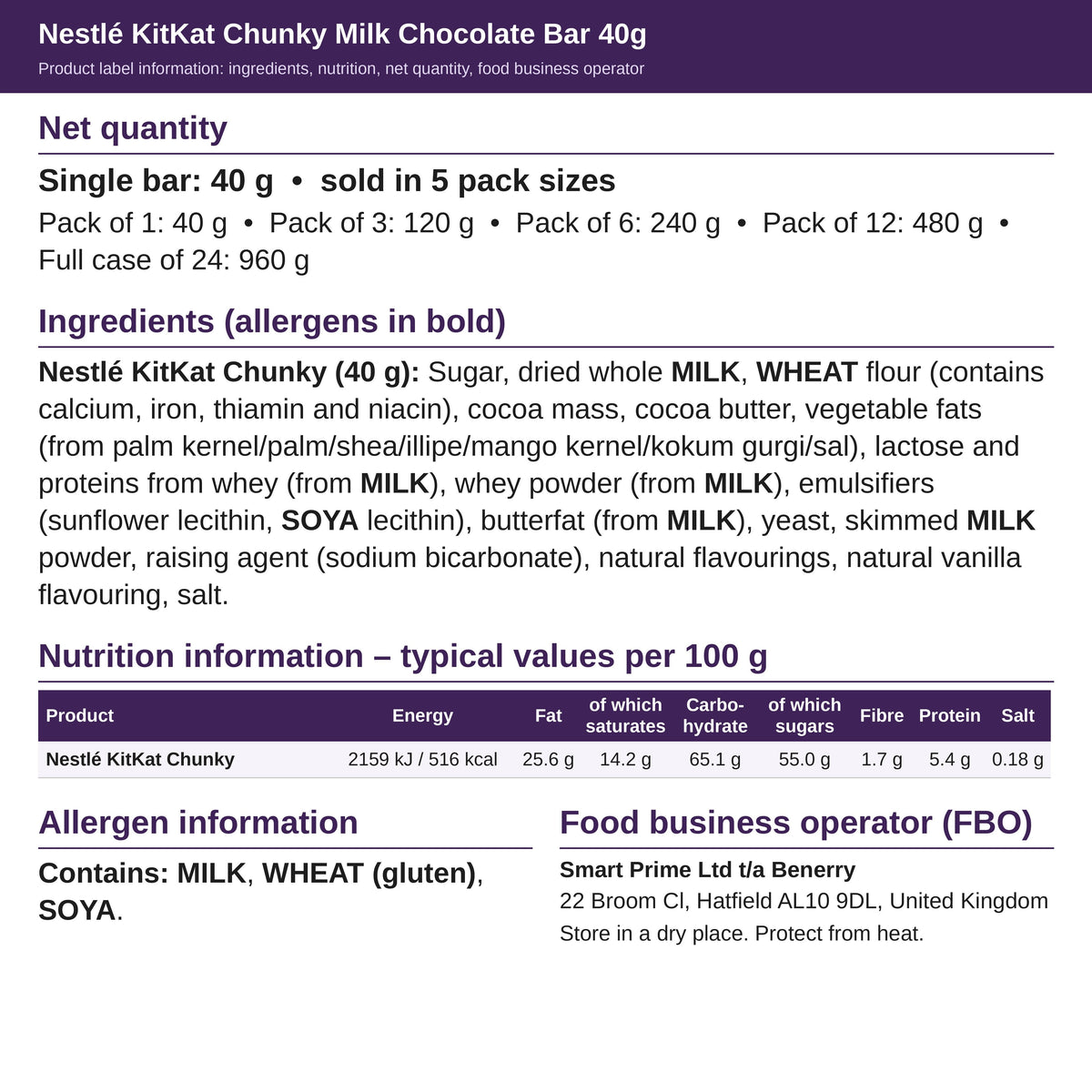 Nestlé KitKat Chunky 40g – ingredients and nutrition label