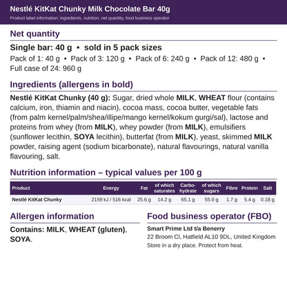Nestlé KitKat Chunky 40g – ingredients and nutrition label