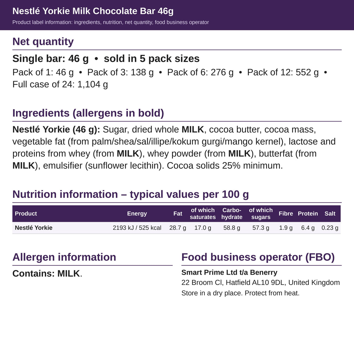 Nestlé Yorkie 46g – ingredients and nutrition label