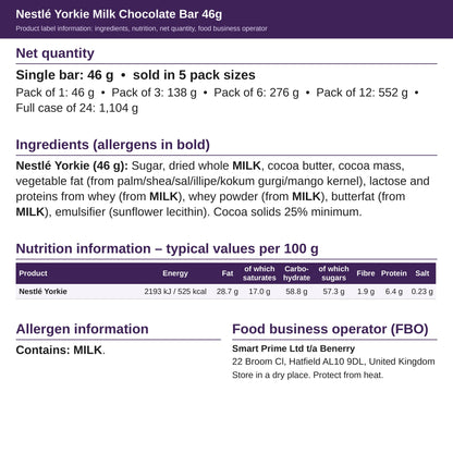 Nestlé Yorkie 46g – ingredients and nutrition label
