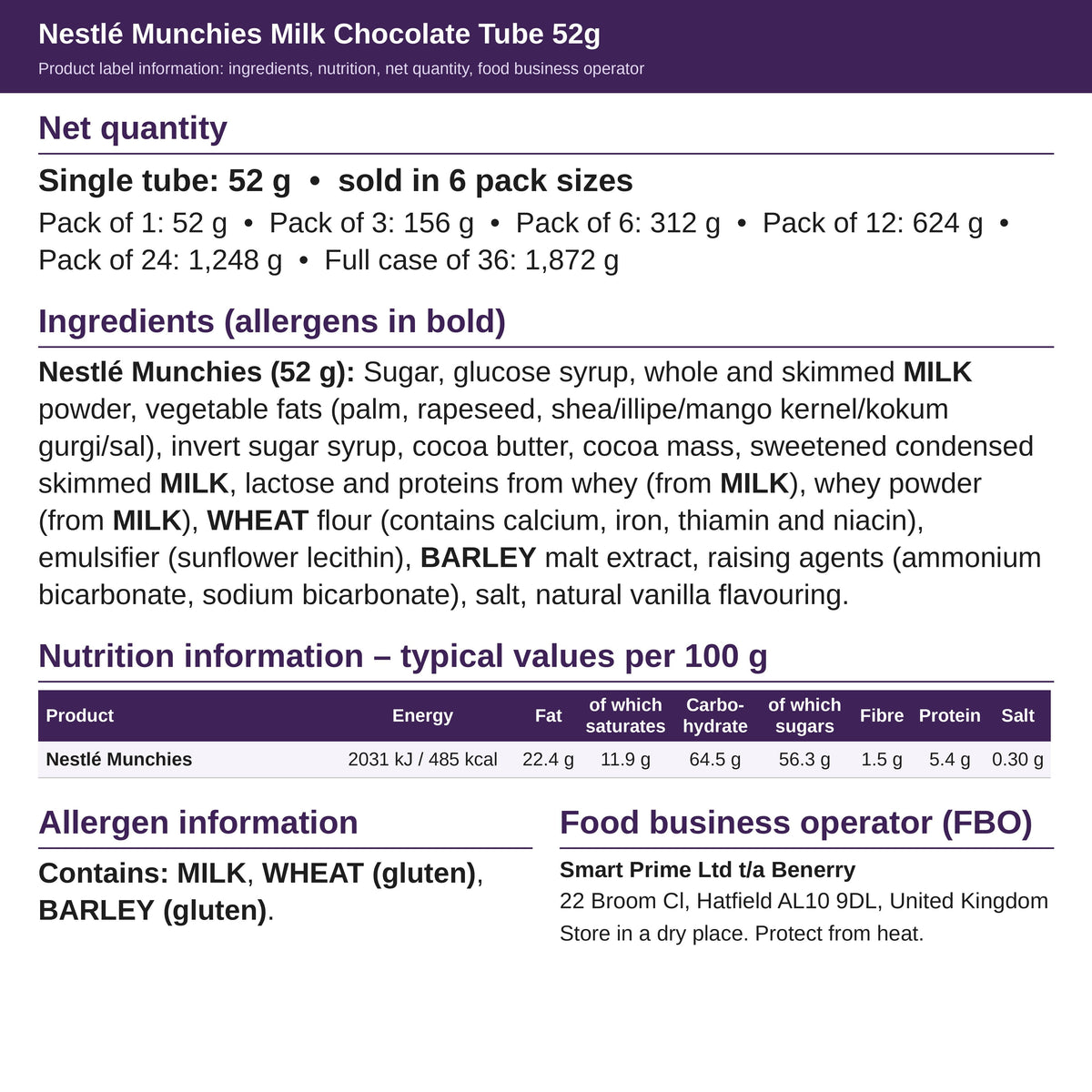 Nestlé Munchies 52g – ingredients and nutrition label