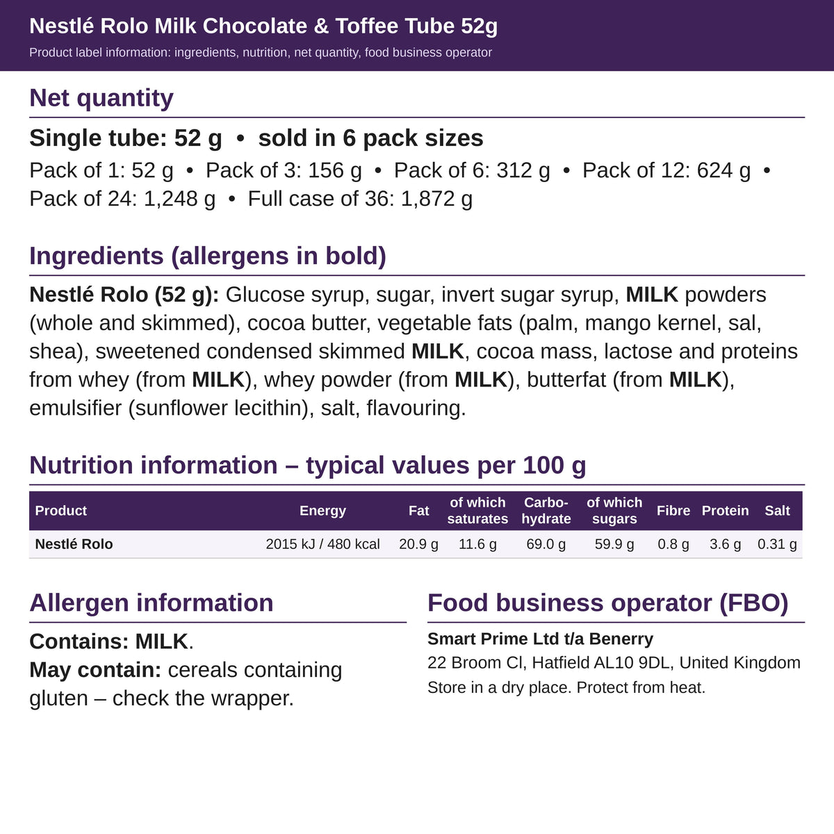 Nestlé Rolo 52g – ingredients and nutrition label