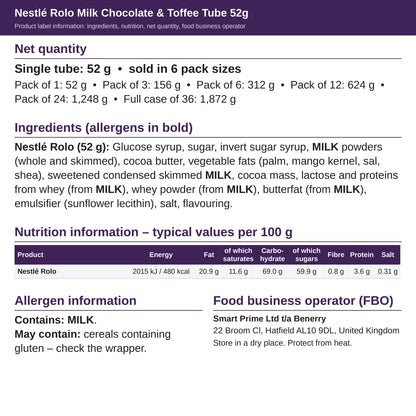 Nestlé Rolo 52g – ingredients and nutrition label