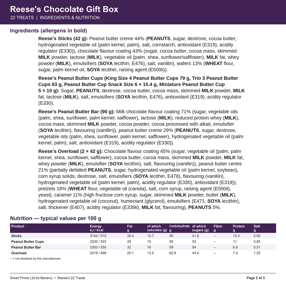 Reese's 22 Treats – product label – page 2 of 3