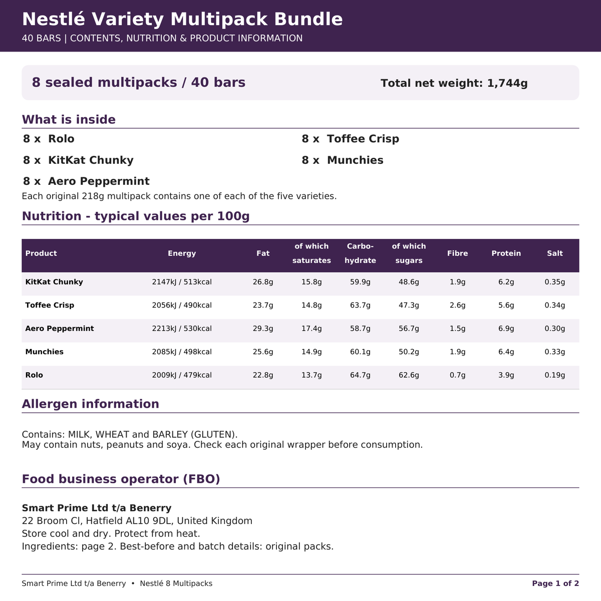 Nestlé eight-pack bundle contents, nutritional values, allergens and food business information