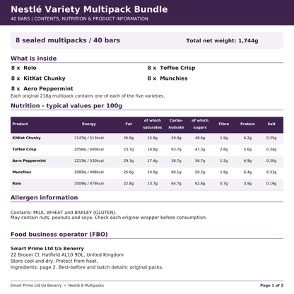 Nestlé eight-pack bundle contents, nutritional values, allergens and food business information