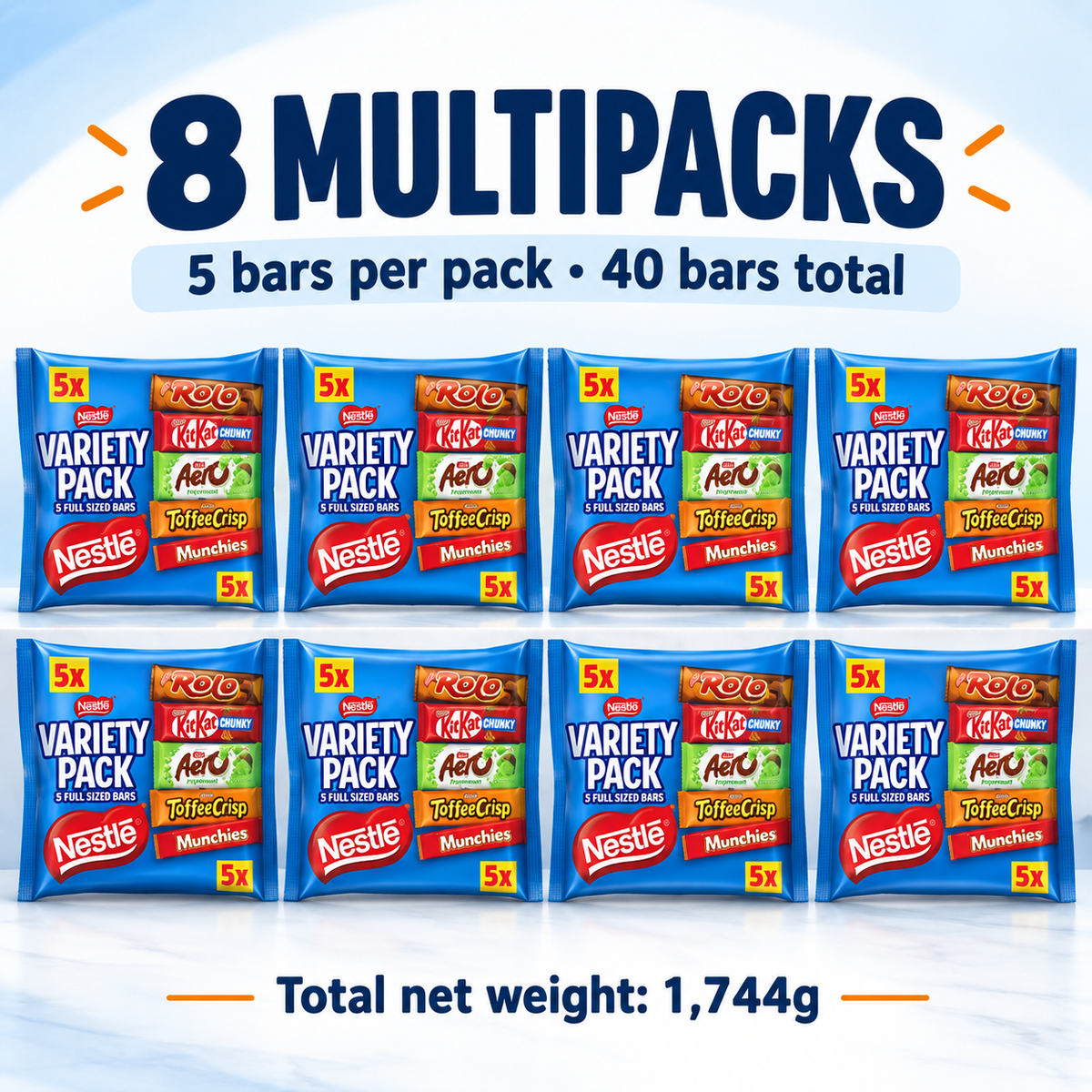 Eight multipacks containing five bars each, 40 bars and 1744g total