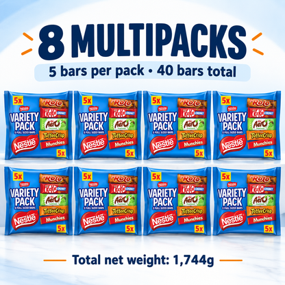 Eight multipacks containing five bars each, 40 bars and 1744g total