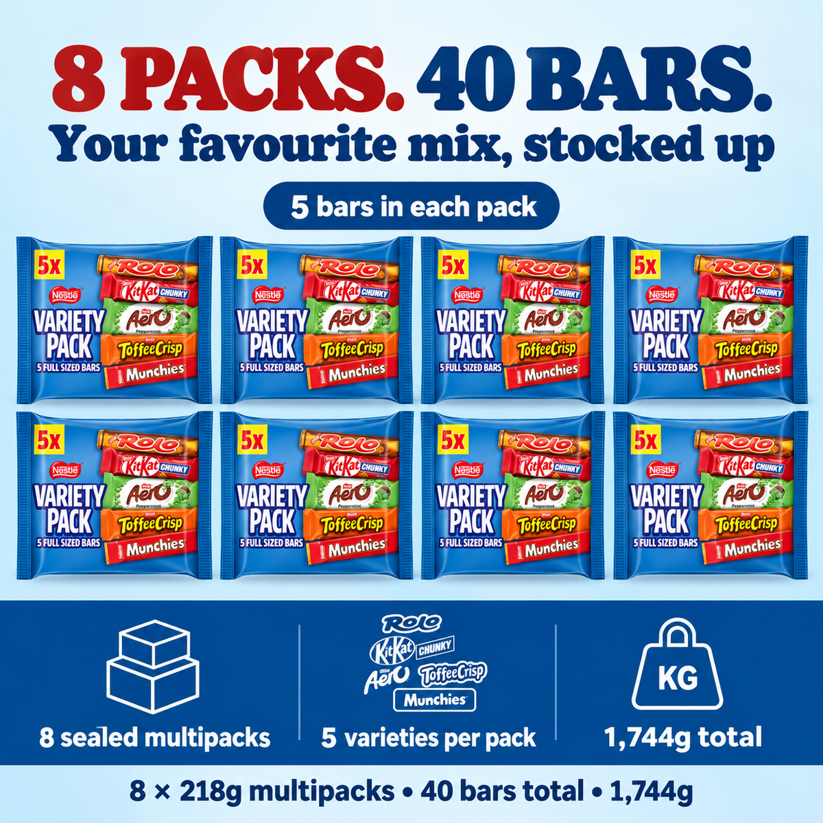 Eight sealed Nestlé Variety multipacks, five varieties per pack