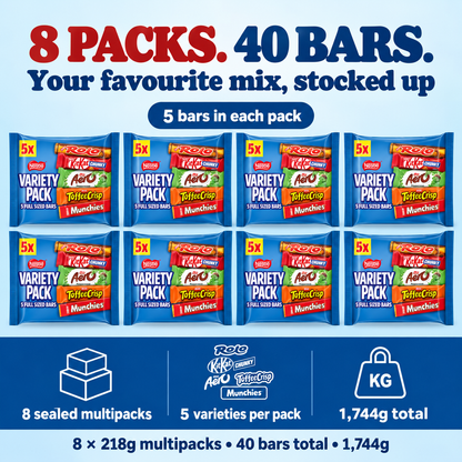 Eight sealed Nestlé Variety multipacks, five varieties per pack